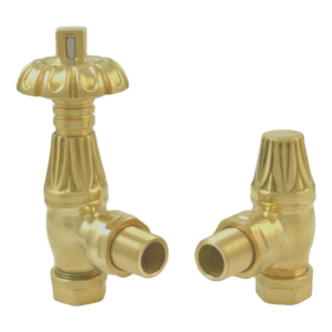 Traditional Thermostatic Angled Rad Valve Pack - Brushed Brass By The Tunbridge Wells Brassware Co.