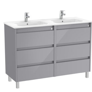 Roca Tenet 1200 x 460mm Standard 6 Drawer Unit & Double Basin - Gloss Grey