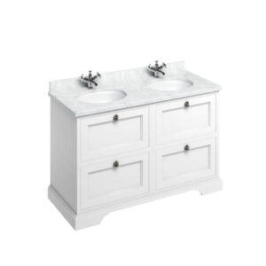 Burlington 130 Freestanding 4 Drawer Unit with White Carrara Top & Integrated Bowl - Matt White
