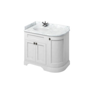 Burlington 100 Curved Freestanding 3 Door LH Unit - White Carrara Top Integrated Bowl - Matt White