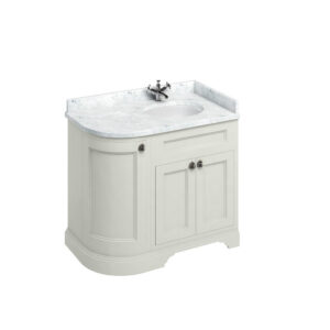 Burlington 100 Curved Freestanding 3 Door RH Unit - White Carrara Top with Integrated Bowl - Sand