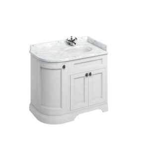 Burlington 100 Curved Freestanding 3 Door RH Unit - White Carrara Top Integrated Bowl - Matt White