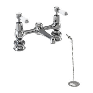 Burlington Kensington QT Regent 2 Tap Hole Bridge Basin Mixer, Plug & Chain Waste - Chrome/White