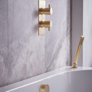 Tavistock Quantum Dual Function Shower System, Overflow Bath Filler & Deck Mounted Handset - Brass