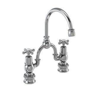 Burlington Claremont Regent Quarter Turn Bridge Basin Mixer (200mm centres) - Chrome/White